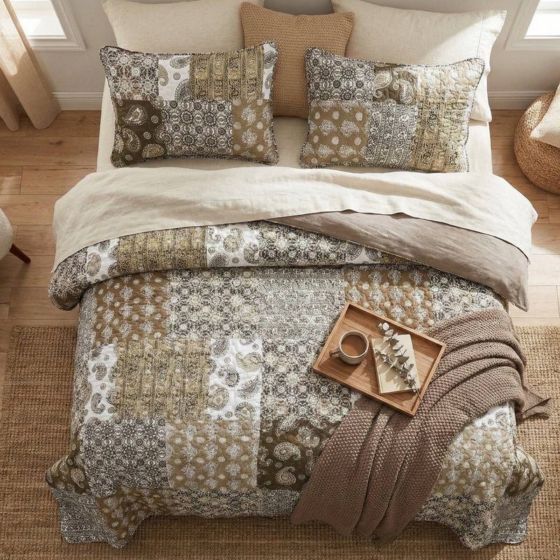 DaDa Bedding Bohemian Olive Brown Moroccan Paisley Floral Filigree Patchwork Cotton Bedspread Set (JHW-885)