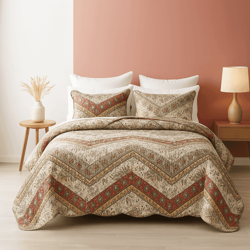 DaDa Bedding Rustic Bohemian Cranberry Sage Chevron Floral Bedspread Set (JHW-924)