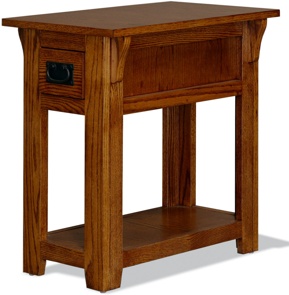 Mission Oak Chairside Table with full extension drawer and fixed lower shelf, crafted in solid wood with Mission-style design.