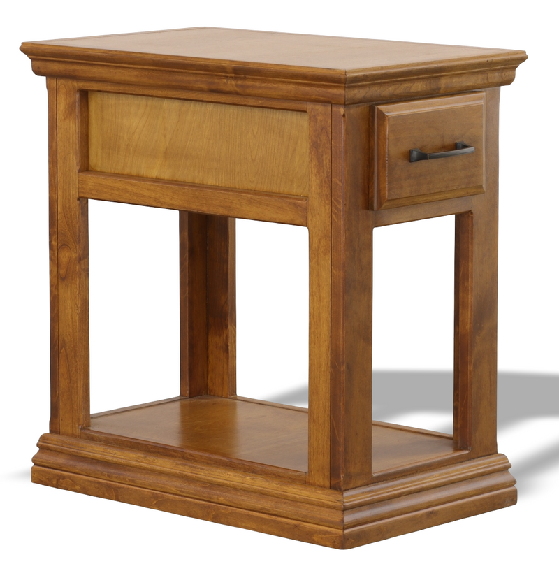 Traditional A-T251 Alder Chairside Table with full extension drawer and lower shelf in warm alder wood finish, ideal for living room accent.