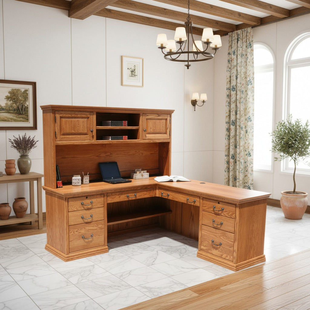 Traditional T641 Office Desk & Return in L-shape with solid wood construction, 4 utility drawers, and hutch in a classic home office setting.