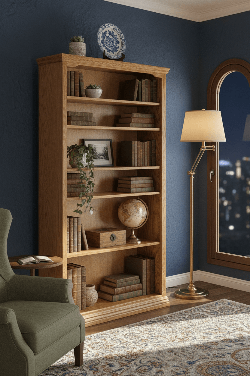 Traditional Oak 30" wide open bookshelf with adjustable shelves in a cozy home office