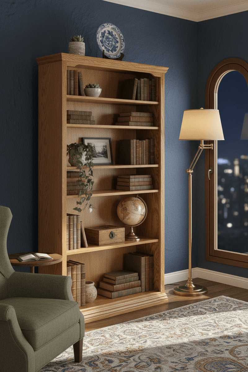 Traditional Oak 30" wide open bookshelf with adjustable shelves in a cozy home office