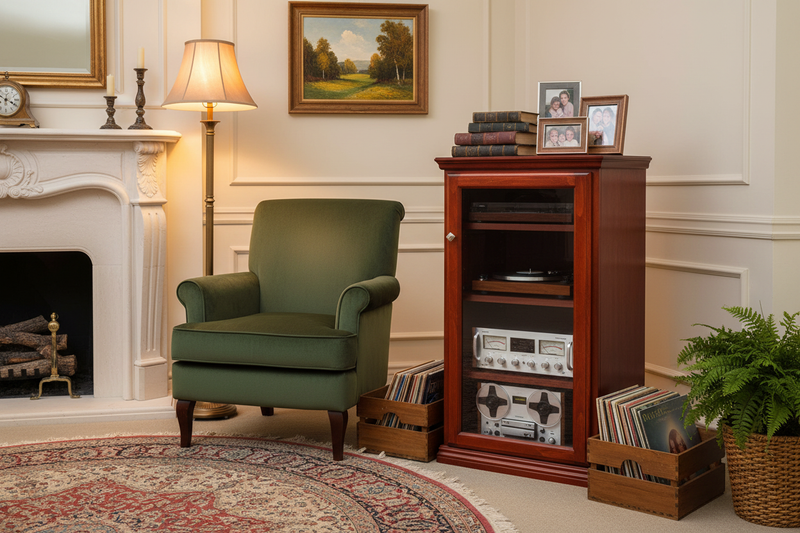 Living room corner with vintage audio