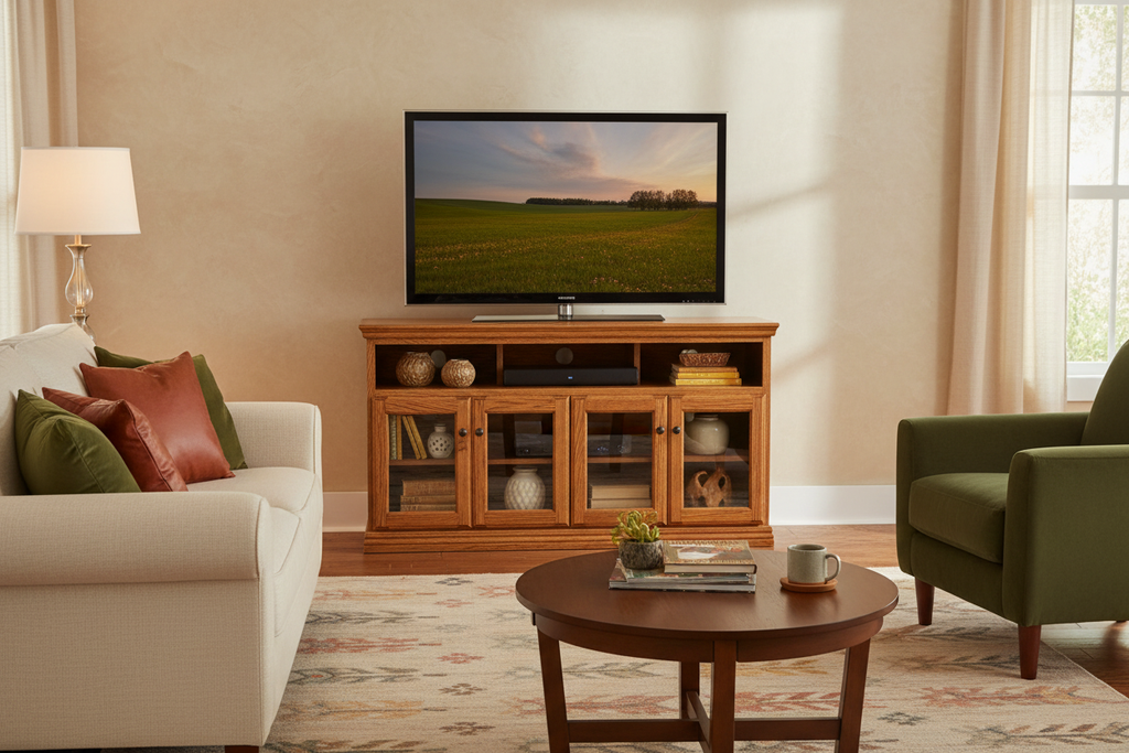 Traditional Oak 65" Open TV Stand Lifestyle Photo