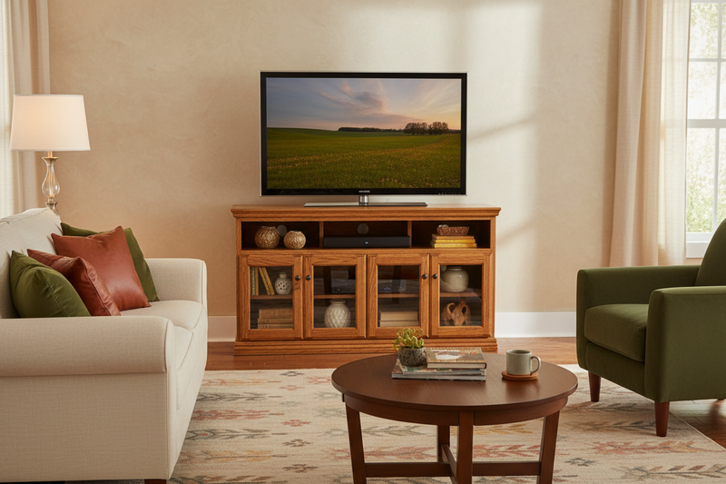 Traditional Oak 65" Open TV Stand Lifestyle Photo