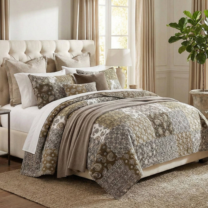 DaDa Bedding Bohemian Olive Brown Moroccan Paisley Floral Filigree Patchwork Cotton Bedspread Set (JHW-885)