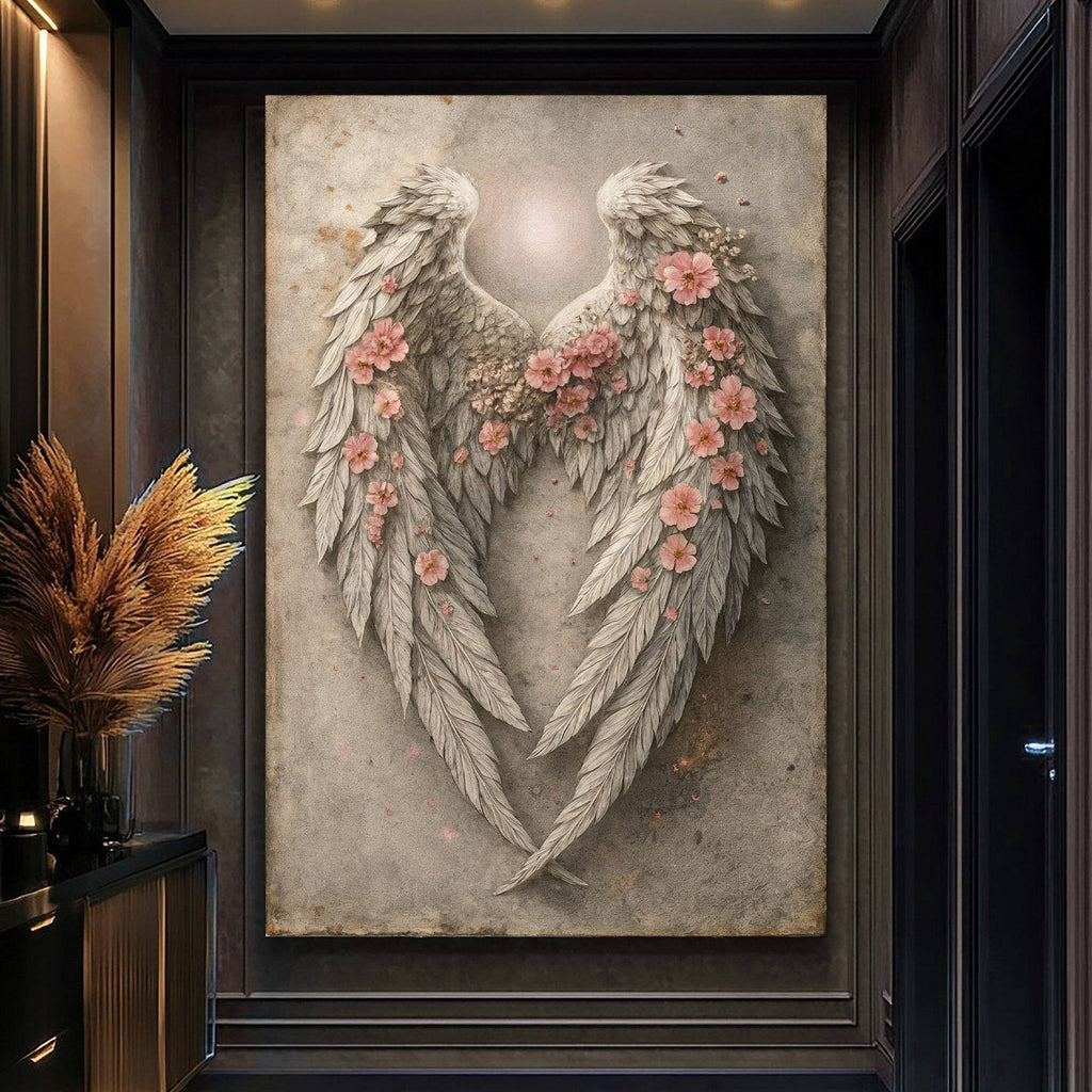 Abstract Blooming Wings Wall Art canvas displayed in a modern hallway, featuring angel wings adorned with pink flowers and soft lighting.