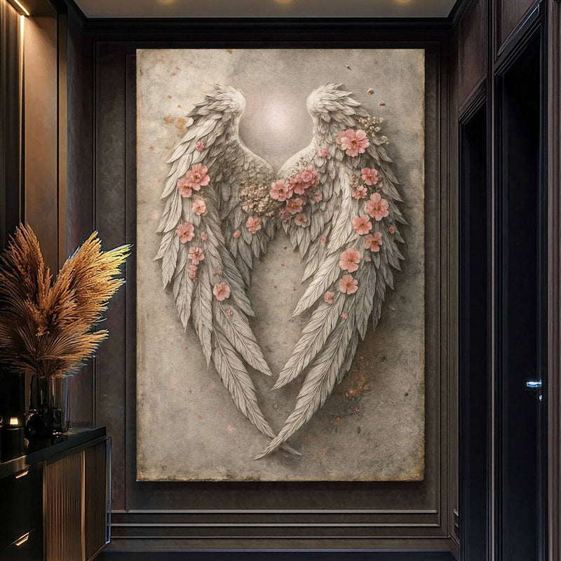 Abstract Blooming Wings Wall Art canvas displayed in a modern hallway, featuring angel wings adorned with pink flowers and soft lighting.