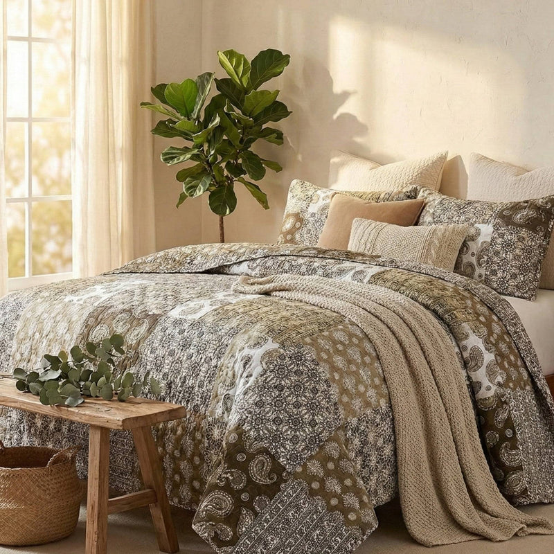 DaDa Bedding Bohemian Olive Brown Moroccan Paisley Floral Filigree Patchwork Cotton Bedspread Set (JHW-885)