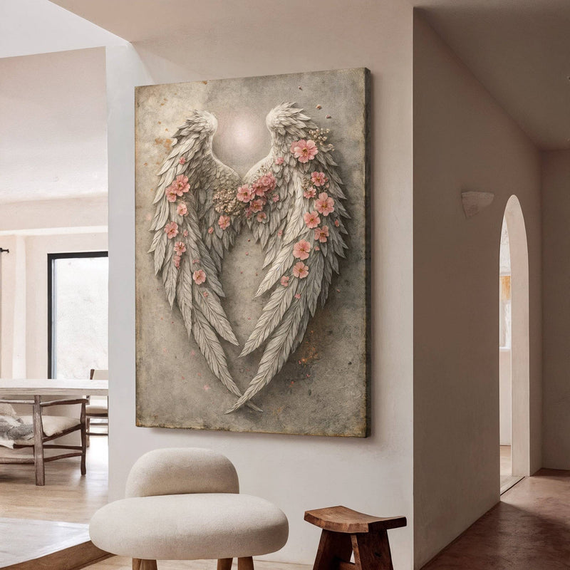 Abstract Blooming Wings Wall Art canvas in a minimalist living space, showcasing feathered wings with floral accents and a glowing center.
