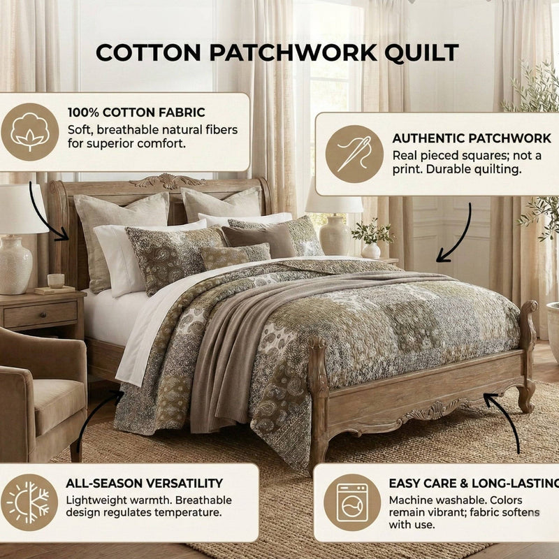 DaDa Bedding Bohemian Olive Brown Moroccan Paisley Floral Filigree Patchwork Cotton Bedspread Set (JHW-885)