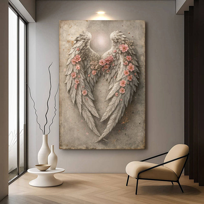 Abstract Blooming Wings Wall Art displayed in a modern lounge, featuring angelic wings with floral embellishments and a radiant light source.