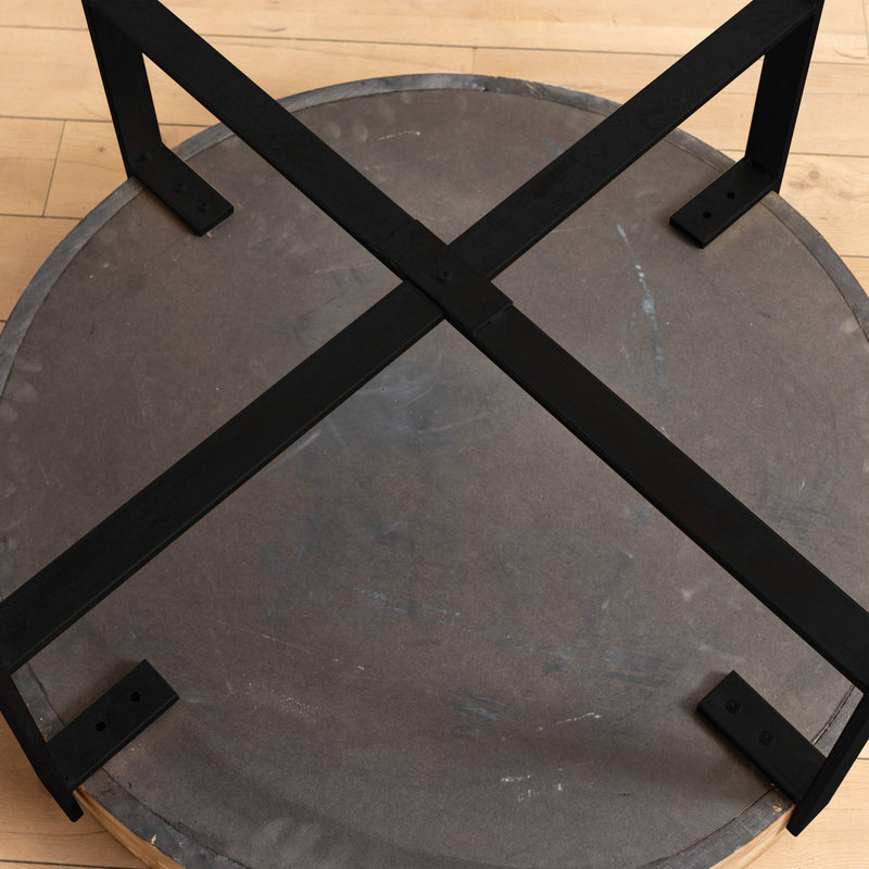 31.29"Modern Retro Splicing Round Coffee Table  Fir Wood Table Top with Cross Legs Metal Base(Same SKU:W757123560)