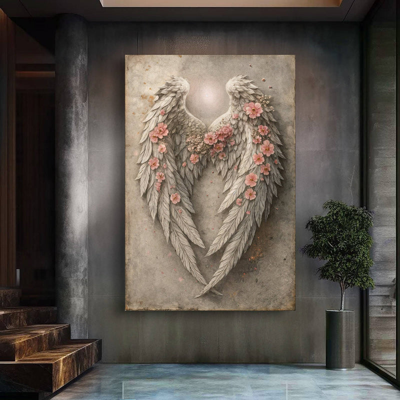 Abstract Blooming Wings Wall Art on a dark textured wall, highlighting intricate feather and flower details in a luxury interior setting.