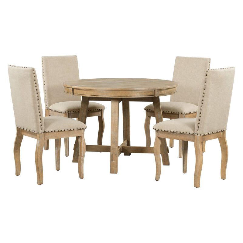 TREXM 5-Piece Farmhouse Dining Table Set Wood Round Extendable Dining Table and 4 Upholstered Dining Chairs (Natural Wood Wash)