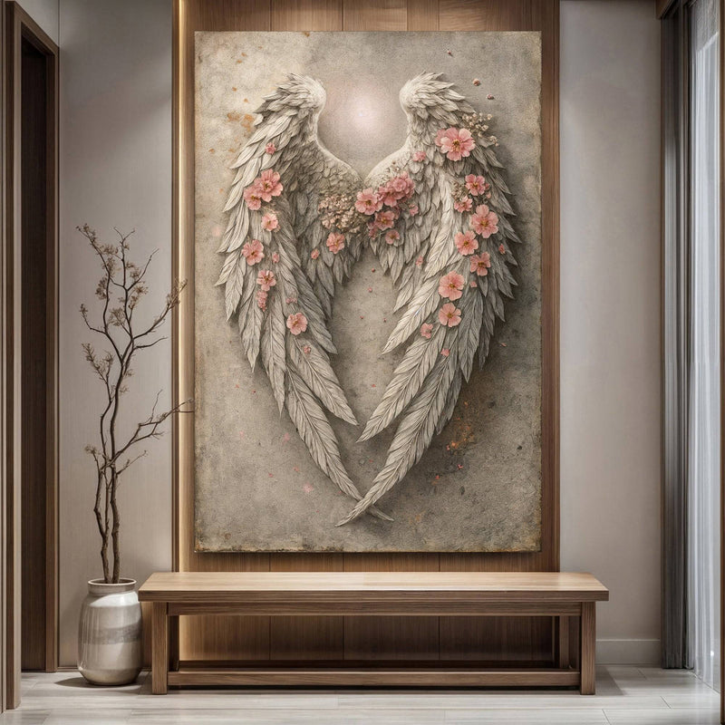 Abstract Blooming Wings Wall Art canvas mounted in a wooden alcove, emphasizing delicate wing textures and blooming pink flowers.
