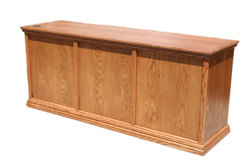 Rear view of Traditional T641 Office Desk & Return showing solid wood paneling and craftsmanship in a medium oak finish.