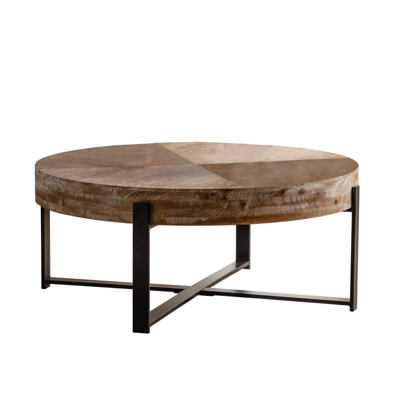 31.29"Modern Retro Splicing Round Coffee Table  Fir Wood Table Top with Cross Legs Metal Base(Same SKU:W757123560)