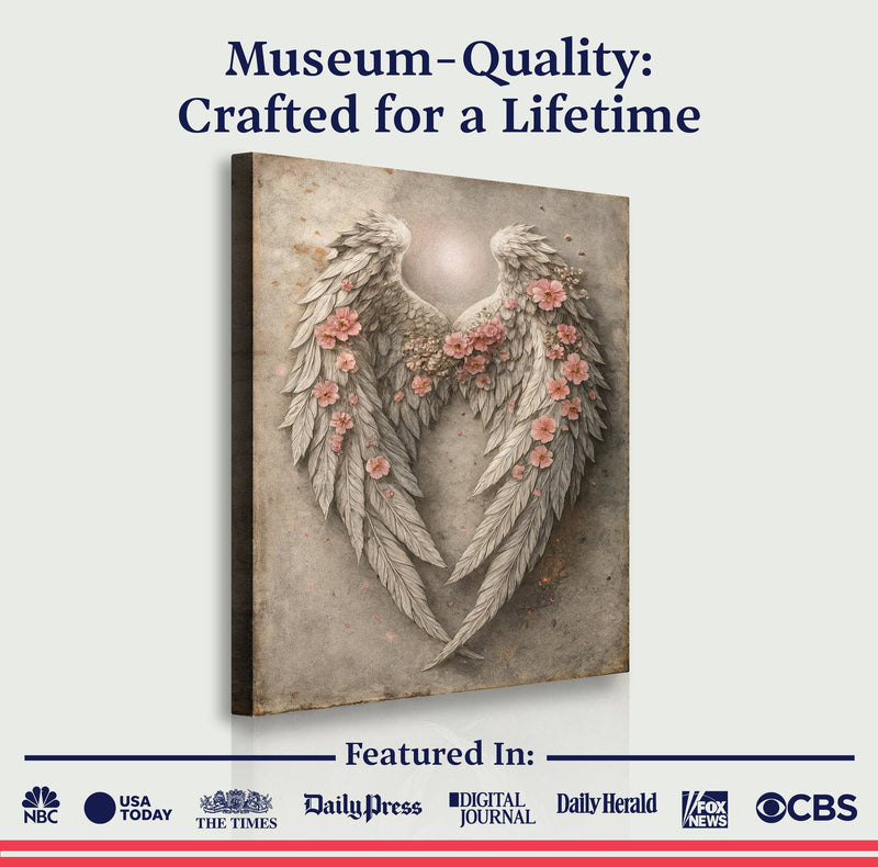 Abstract Blooming Wings Wall Art canvas promoted as museum-quality, with floral angel wings featured in major media outlets like NBC and CBS.