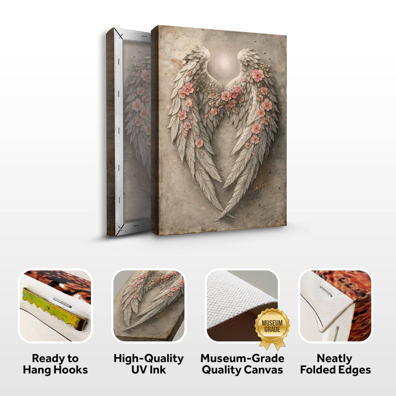 Abstract Blooming Wings Wall Art canvas close-up showing UV ink, museum-grade quality, and ready-to-hang features with folded edges.