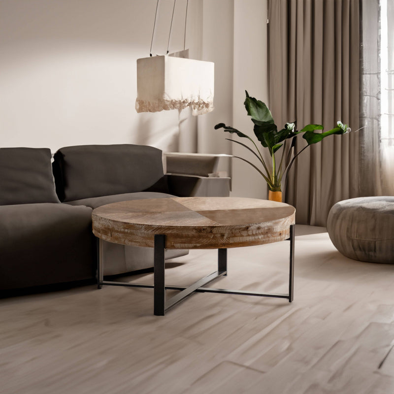 31.29"Modern Retro Splicing Round Coffee Table  Fir Wood Table Top with Cross Legs Metal Base(Same SKU:W757123560)