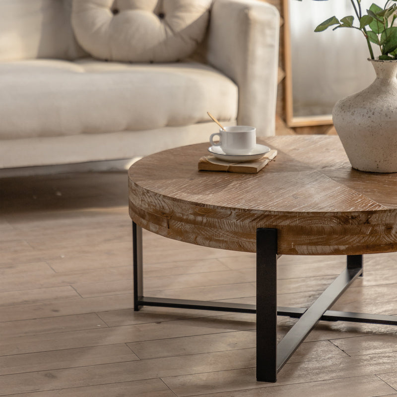 31.29"Modern Retro Splicing Round Coffee Table  Fir Wood Table Top with Cross Legs Metal Base(Same SKU:W757123560)
