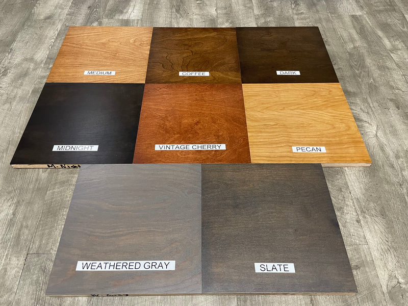 Avalon A450 3 Drawer Night Stand finish options including Midnight, Vintage Cherry, Pecan, Weathered Gray, and Slate on wood samples.