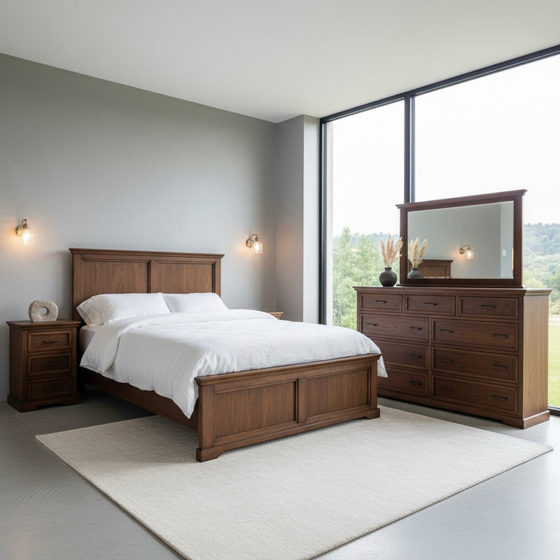 Dublin D470 Solid 5 Piece Oak Rail Bed in rich walnut finish, paired with matching dresser and nightstand in a modern bedroom. Perfect for luxury oak bedroom suites.
