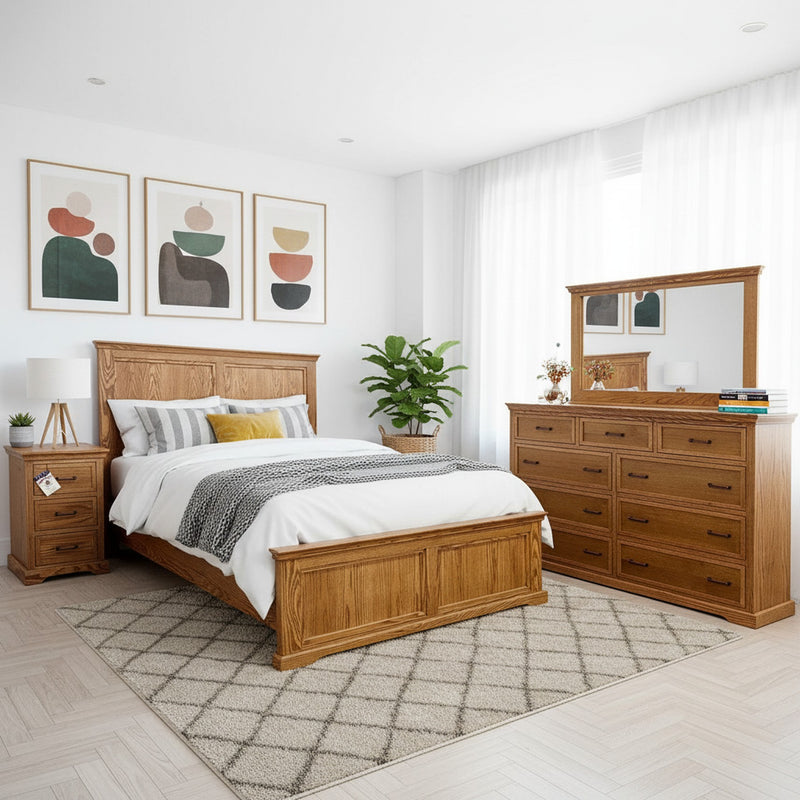 Dublin D470 Solid 5 Piece Oak Rail Bed in golden oak finish, styled in a bright room with geometric decor and matching dresser and nightstand. American-made quality bed frame.