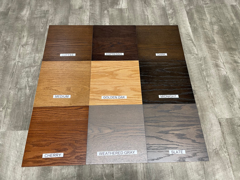 Wood finish options for Traditional T471 Solid Oak Flat Panel Headboard ONLY, including Cherry, Golden Oak, Slate, and Espresso on wood flooring.