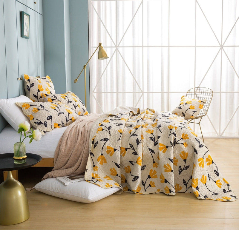 DaDa Bedding Yellow Fleur Floral Golden Orange Ivory Cream Scalloped Bedspread Set (18112)