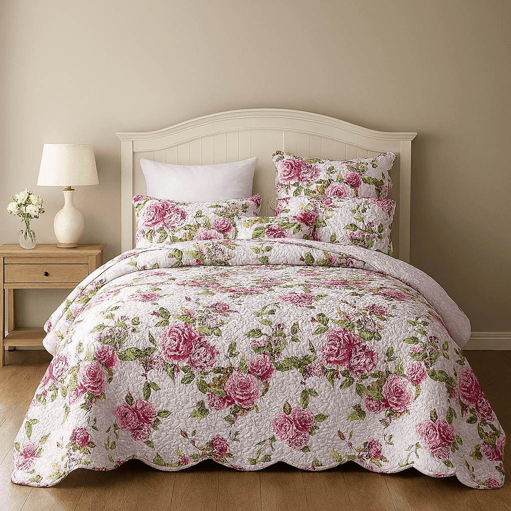 DaDa Bedding Romantic Roses Lovely Spring Pink Floral Quilted Scalloped Bedspread Set (JHW879)