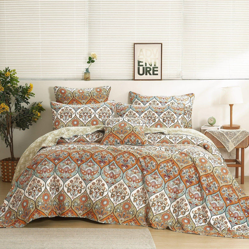 DaDa Bedding Bohemian Floral Paisley Garden Coral Teal Quilted Bedspread Set (LH1403)