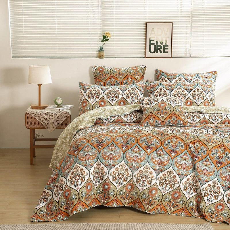 DaDa Bedding Bohemian Floral Paisley Garden Coral Teal Quilted Bedspread Set (LH1403)