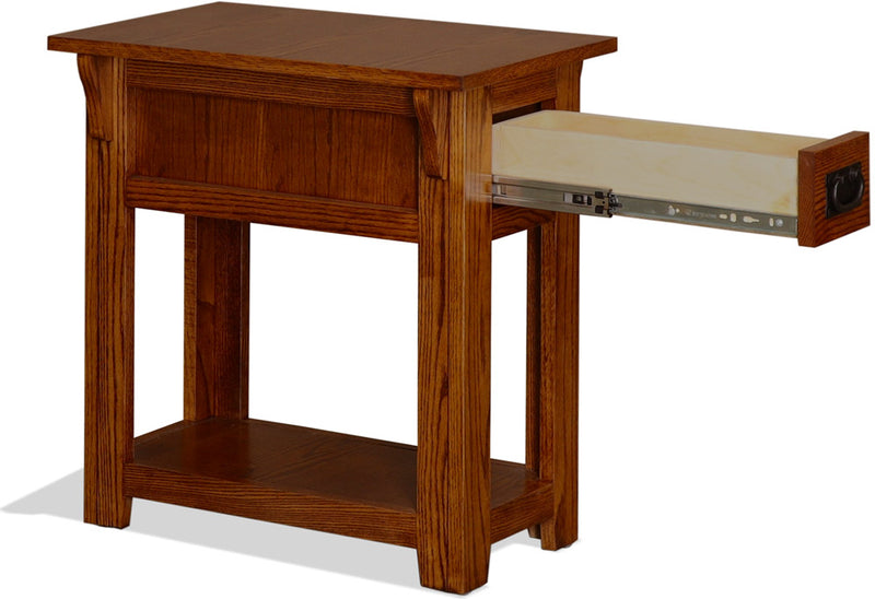Mission Oak Chairside Table with drawer fully extended, showcasing English dovetail construction and smooth glide mechanism.