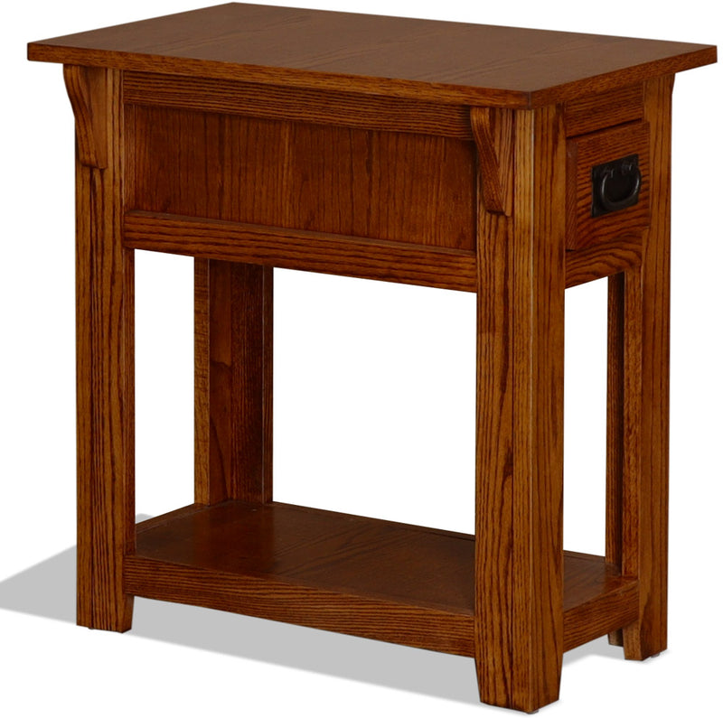 Angled view of Mission Oak Chairside Table highlighting its handcrafted solid wood frame and horizontal drawer pull.