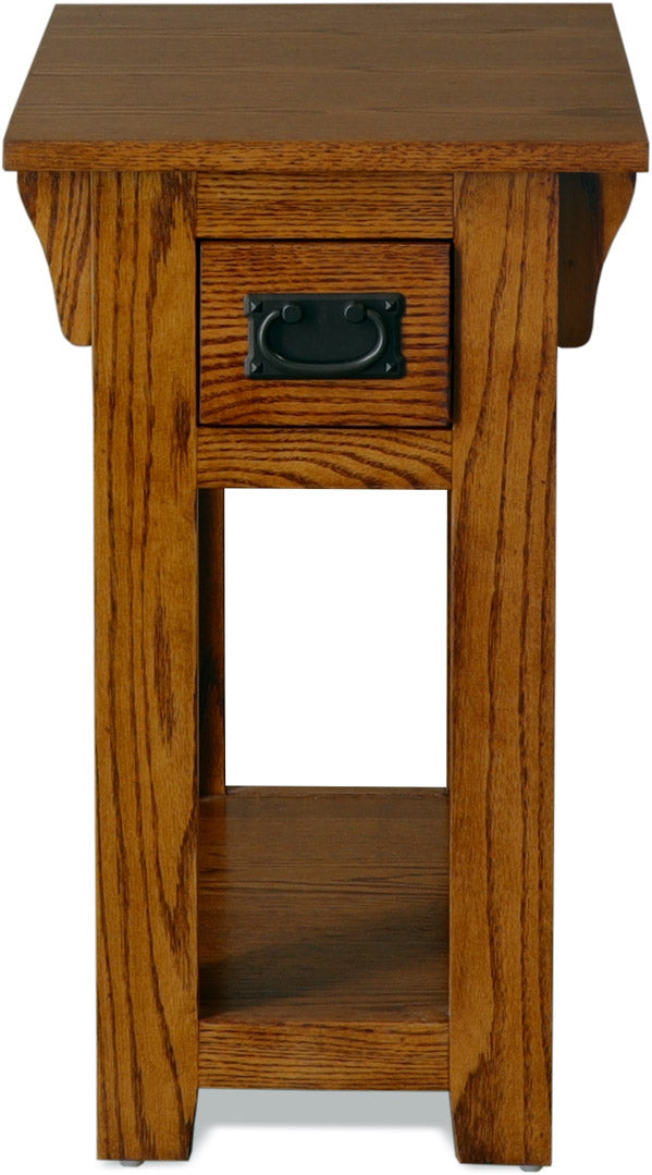 Front view of Mission Oak Chairside Table featuring a single drawer with black Mission-style hardware and open lower shelf.