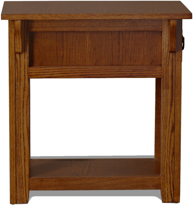 Straight-on view of Mission Oak Chairside Table emphasizing its sturdy build, straight-line construction, and solid wood shelf.