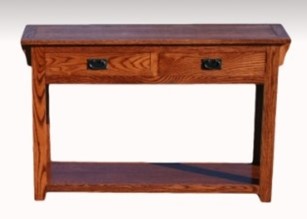 Mission O-M247 Oak Sofa Console Table in warm oak finish with two drawers and a bottom shelf, ideal for traditional or rustic interiors.