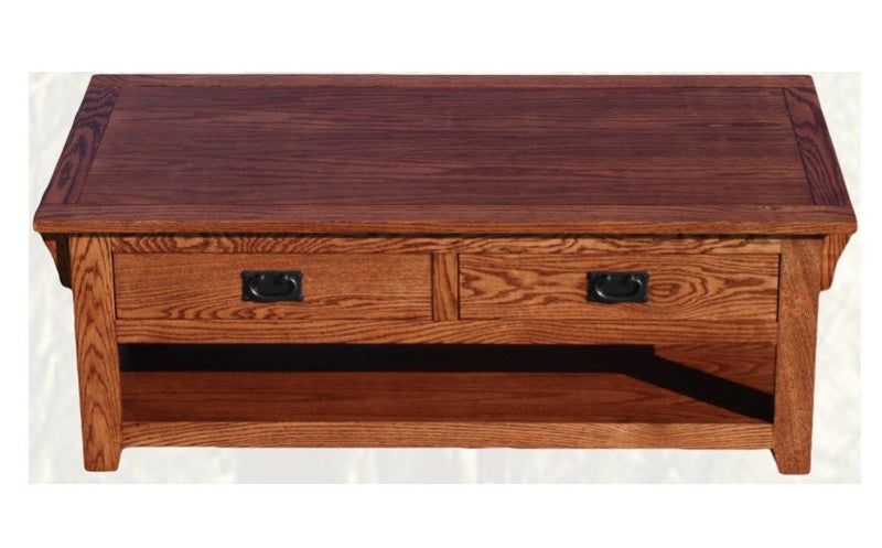 Mission Oak Coffee Table with two full-extension drawers, fixed lower shelf, and Mission-style hardware in solid wood finish.