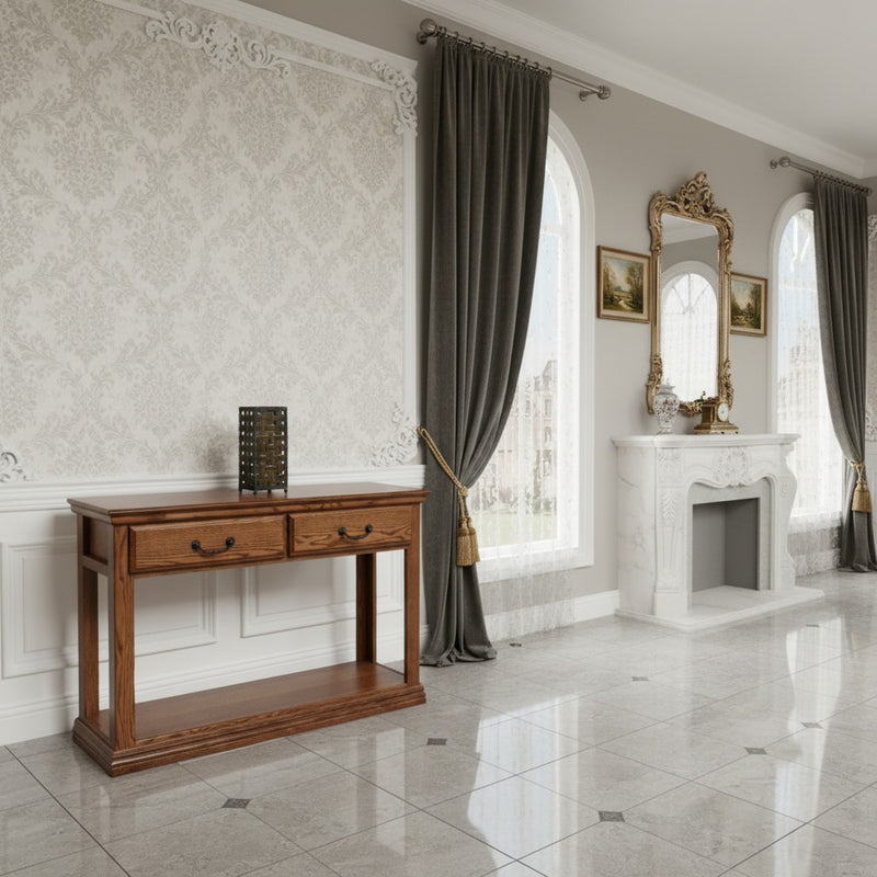 Traditional Oak Sofa Console Table O-T247 in a luxurious hallway with ornate molding and marble fireplace, showcasing its elegant solid wood design.