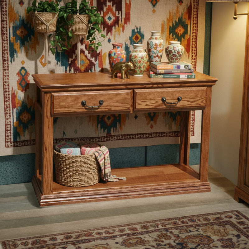 Traditional Oak Sofa Console Table O-T247 styled with eclectic decor and books, emphasizing its solid wood durability and decorative versatility.