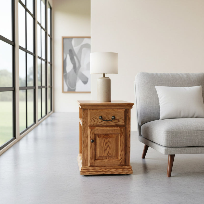 Traditional Oak End Table O-T250 in a modern living room with light decor, highlighting its elegant oak craftsmanship and drawer storage.
