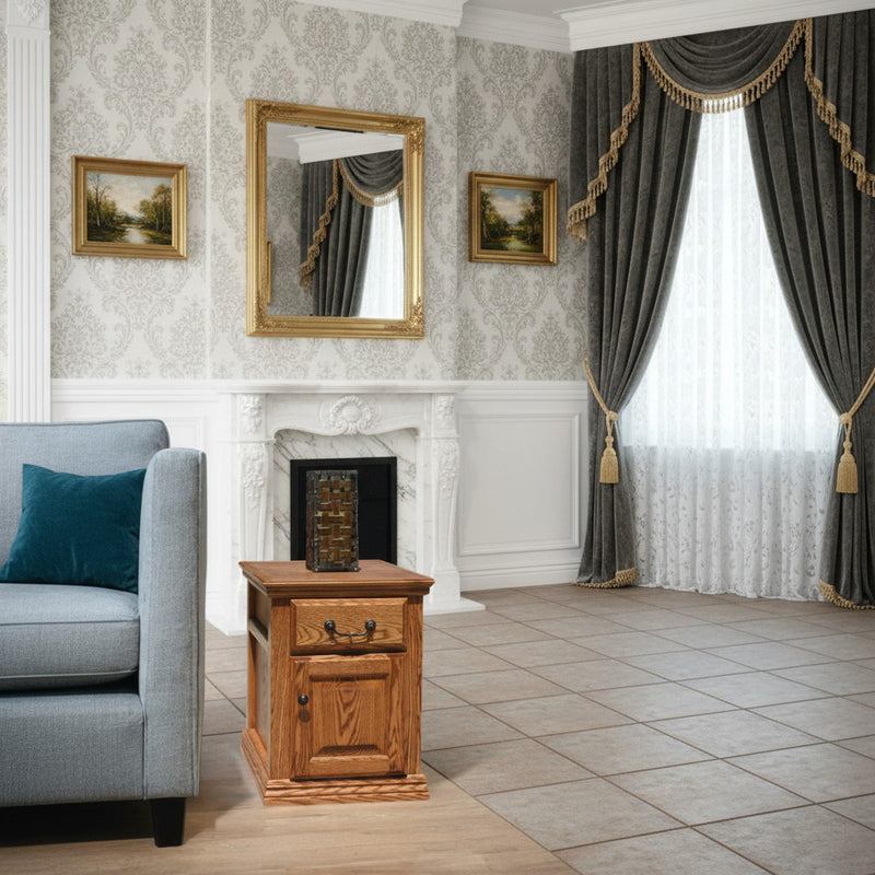Traditional Oak End Table O-T250 in a classic room with ornate decor, emphasizing its timeless design and solid wood construction.