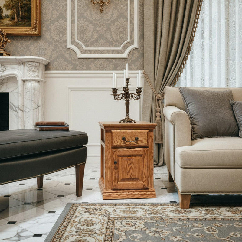 Traditional Oak End Table O-T250 in a luxurious living room with vintage accents, showcasing its rich oak finish and enclosed storage.