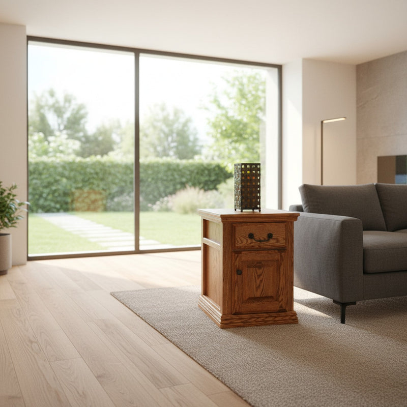 Traditional Oak End Table O-T250 in a bright modern room with garden view, displaying its functional drawer and door in natural oak.