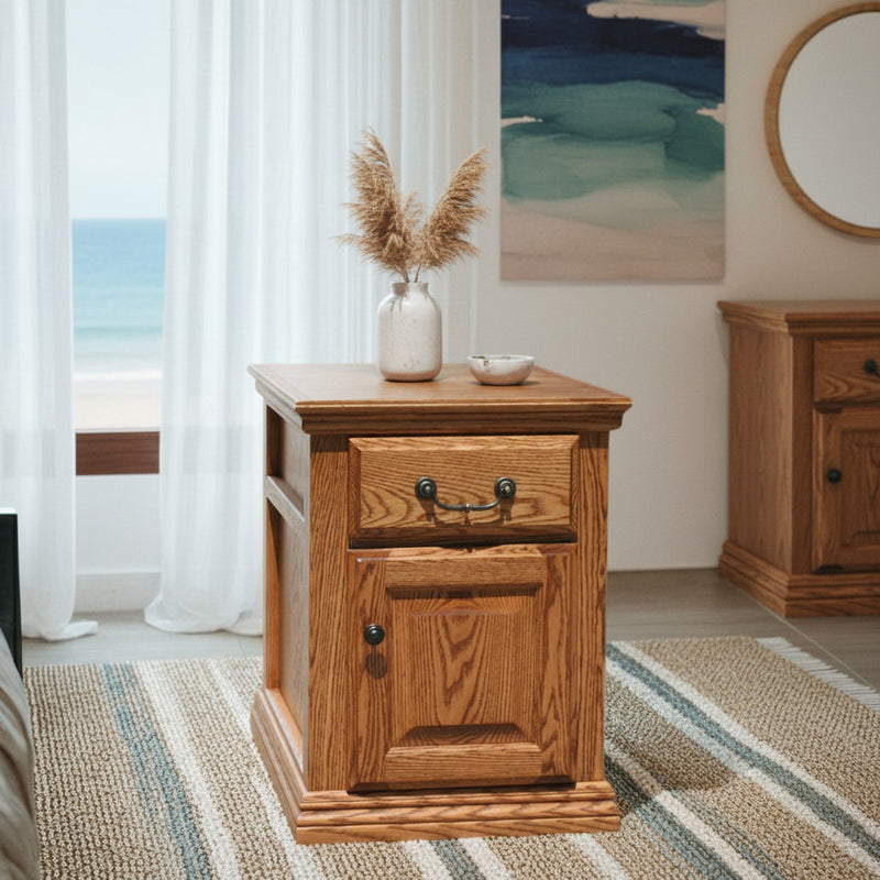 Traditional Oak End Table O-T250 in a beach-themed room with ocean view, highlighting its warm oak tone and traditional styling.