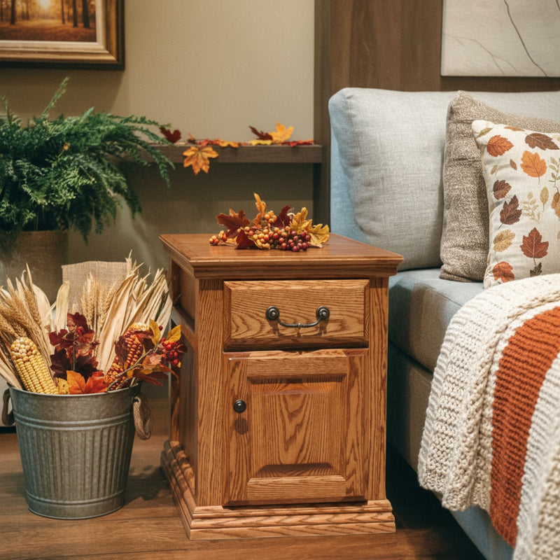 Traditional Oak End Table O-T250 in a fall-themed room with seasonal decor, showcasing its rustic charm and American-made quality.
