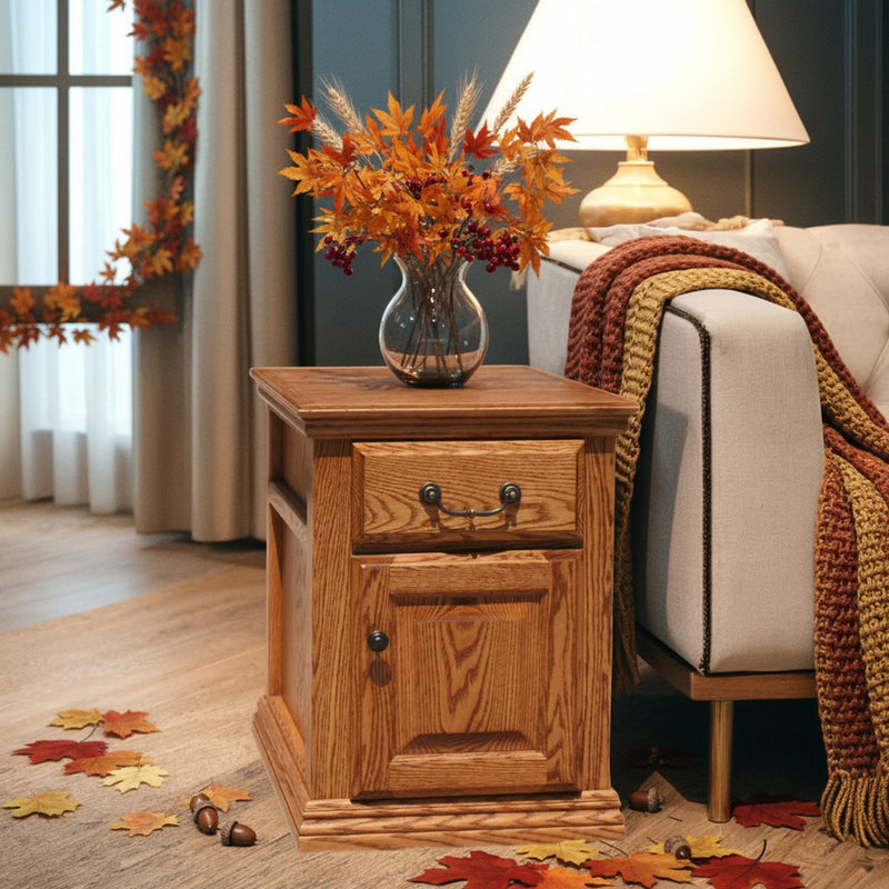 Traditional Oak End Table O-T250 with autumn leaves and cozy decor, highlighting its warm oak finish and traditional craftsmanship.